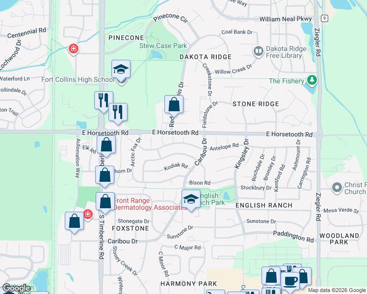 map of restaurants, bars, coffee shops, grocery stores, and more near 3602 Jaguar Place in Fort Collins