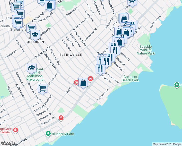 map of restaurants, bars, coffee shops, grocery stores, and more near 153 Beach Road in Staten Island