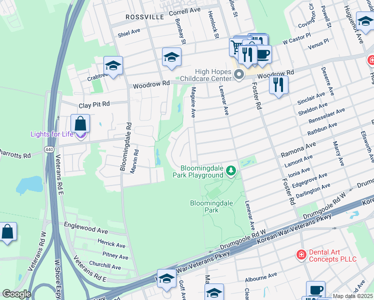 map of restaurants, bars, coffee shops, grocery stores, and more near 45 Santa Monica Lane in Staten Island
