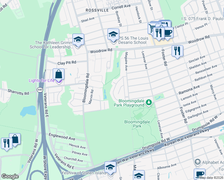 map of restaurants, bars, coffee shops, grocery stores, and more near 20 Malibu Court in Staten Island