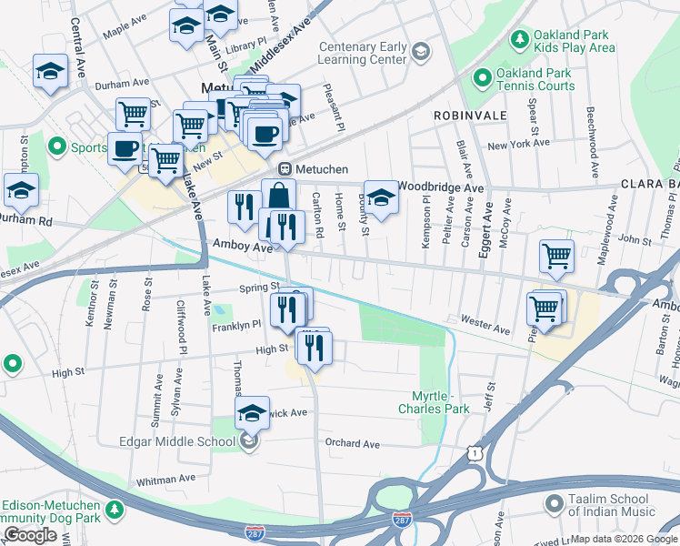 map of restaurants, bars, coffee shops, grocery stores, and more near 207 Amboy Avenue in Metuchen