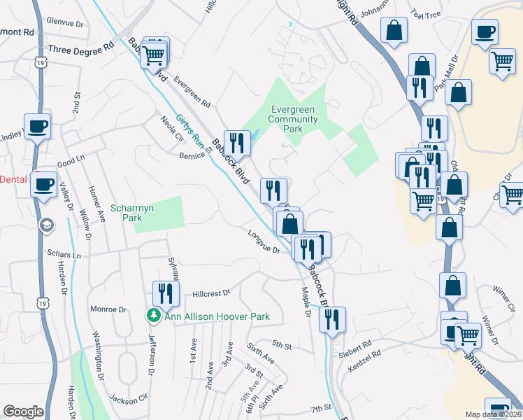 map of restaurants, bars, coffee shops, grocery stores, and more near 3400 Babcock Boulevard in Pittsburgh