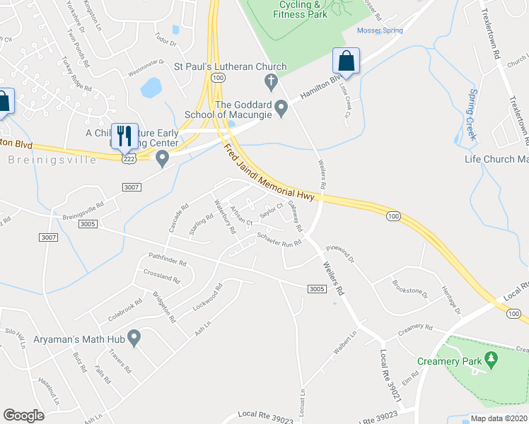 map of restaurants, bars, coffee shops, grocery stores, and more near 8301 Saylor Court in Breinigsville