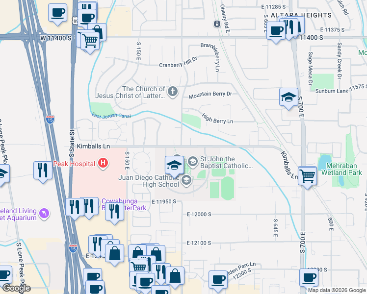 map of restaurants, bars, coffee shops, grocery stores, and more near 11773 Twin Pines Court in Draper