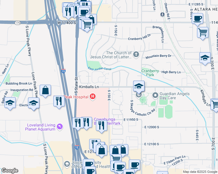 map of restaurants, bars, coffee shops, grocery stores, and more near 153 11800 South in Draper