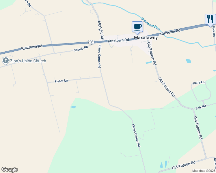 map of restaurants, bars, coffee shops, grocery stores, and more near 131 Klines Corner Road in Mertztown