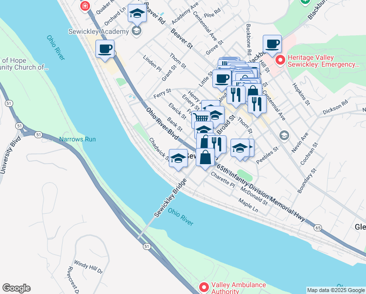 map of restaurants, bars, coffee shops, grocery stores, and more near 400 Ohio River Boulevard in Sewickley