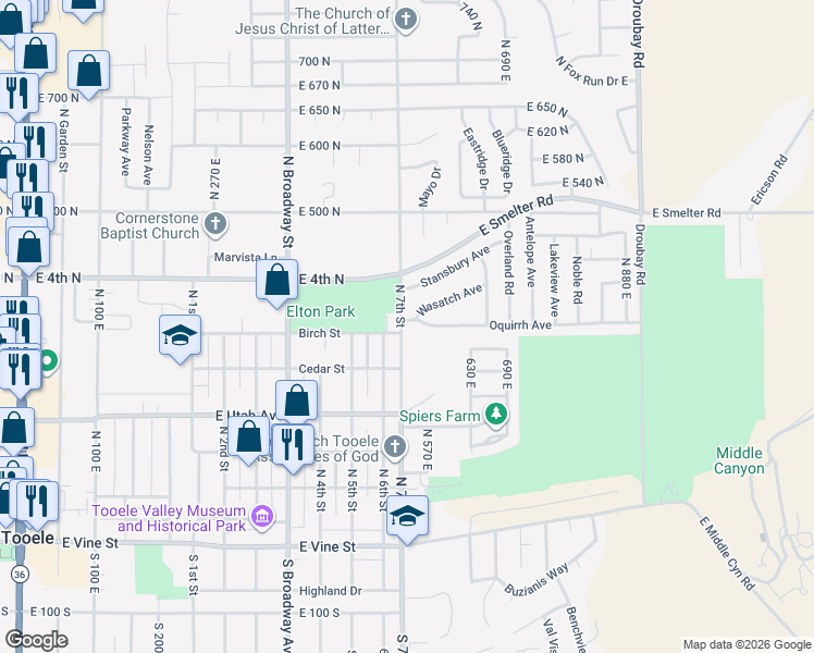 map of restaurants, bars, coffee shops, grocery stores, and more near 324 North 7th Street in Tooele