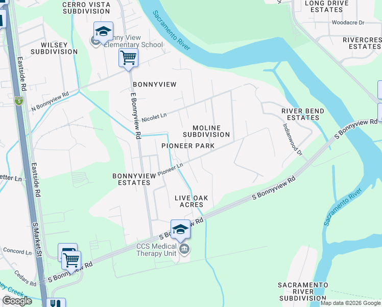 map of restaurants, bars, coffee shops, grocery stores, and more near 5544 Lexi Lane in Redding