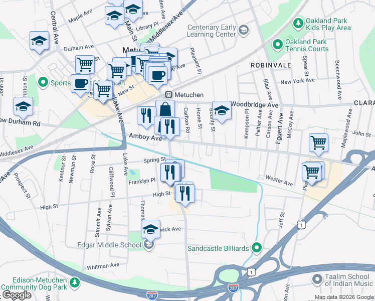 map of restaurants, bars, coffee shops, grocery stores, and more near 220 Amboy Avenue in Metuchen