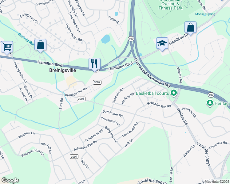 map of restaurants, bars, coffee shops, grocery stores, and more near 8665 Cascade Road in Breinigsville