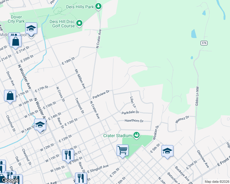 map of restaurants, bars, coffee shops, grocery stores, and more near 1401 Parkdale Drive in Dover
