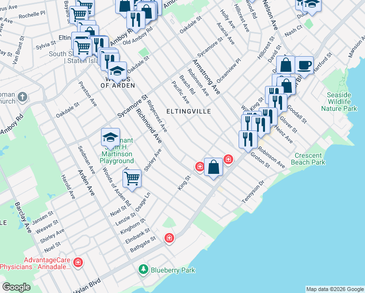 map of restaurants, bars, coffee shops, grocery stores, and more near 139 Ridgecrest Avenue in Staten Island