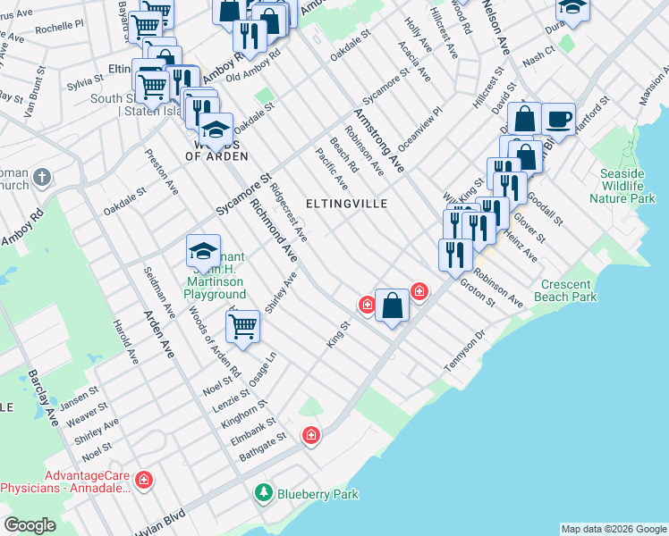 map of restaurants, bars, coffee shops, grocery stores, and more near 139 Ridgecrest Avenue in Staten Island