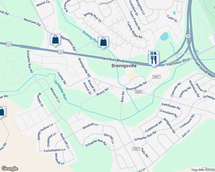 map of restaurants, bars, coffee shops, grocery stores, and more near 9054 Breinigsville Road in Breinigsville