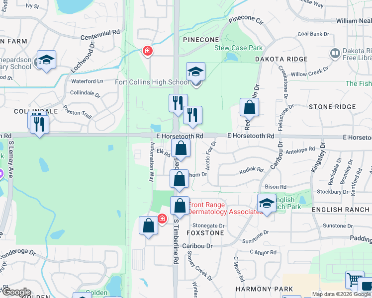 map of restaurants, bars, coffee shops, grocery stores, and more near in Fort Collins