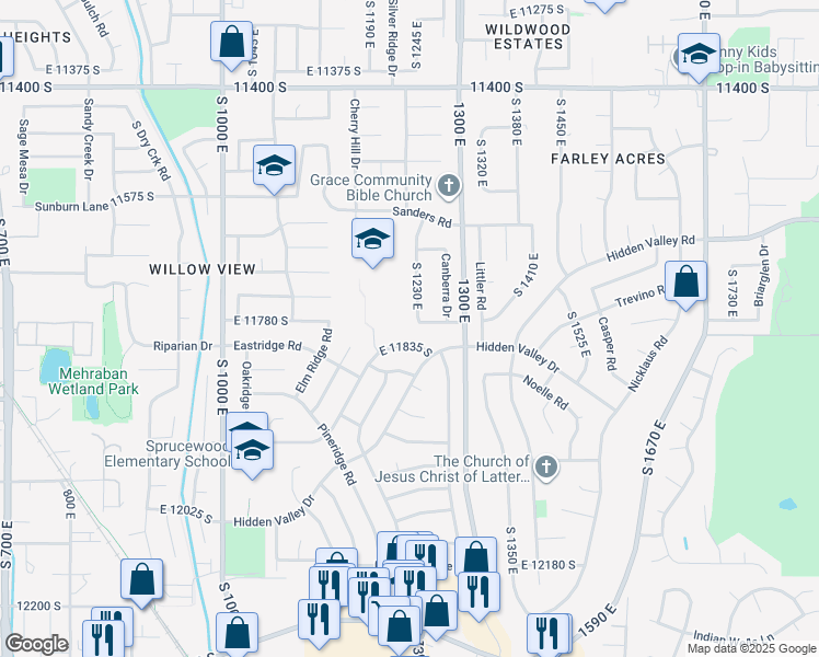 map of restaurants, bars, coffee shops, grocery stores, and more near 11768 South 1230 East in Sandy