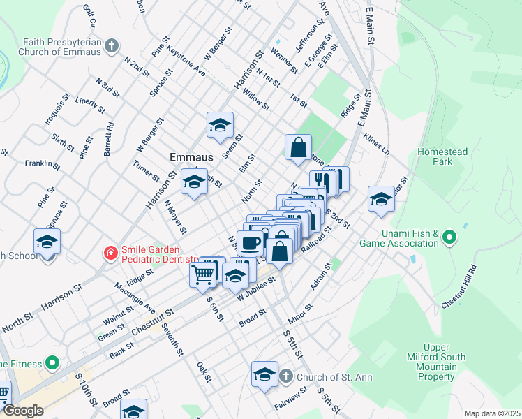 map of restaurants, bars, coffee shops, grocery stores, and more near 239 Ridge Street in Emmaus