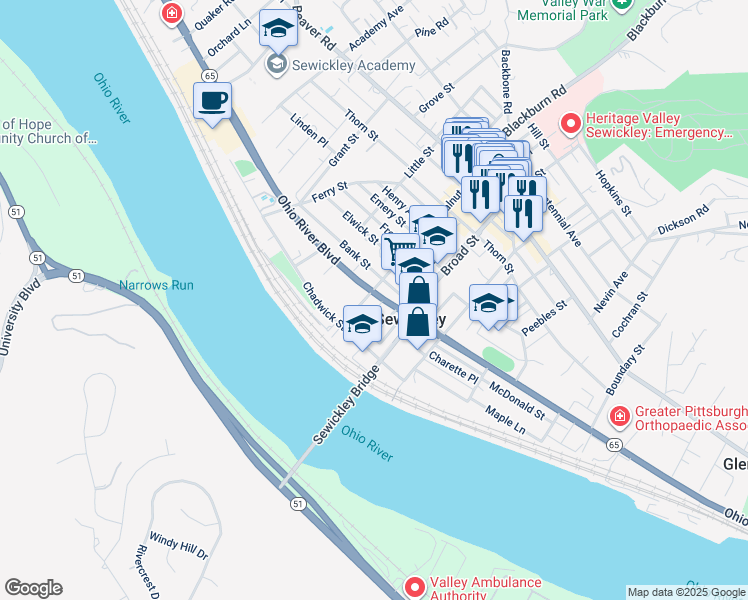 map of restaurants, bars, coffee shops, grocery stores, and more near 200 Walnut Street in Sewickley
