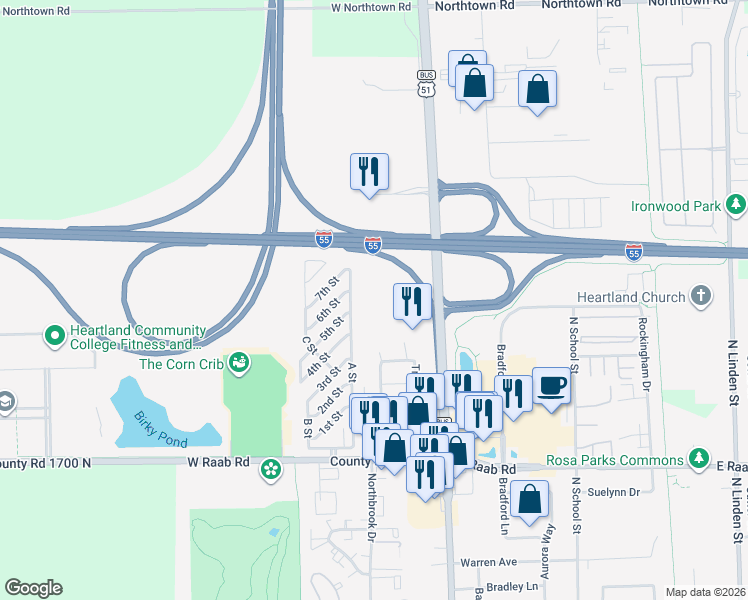map of restaurants, bars, coffee shops, grocery stores, and more near 70-98 A Street in Normal