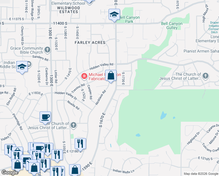 map of restaurants, bars, coffee shops, grocery stores, and more near 11789 Nicklaus Road in Sandy