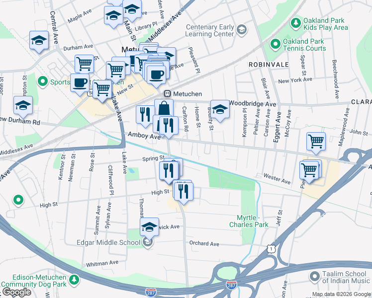 map of restaurants, bars, coffee shops, grocery stores, and more near 220 Amboy Avenue in Metuchen