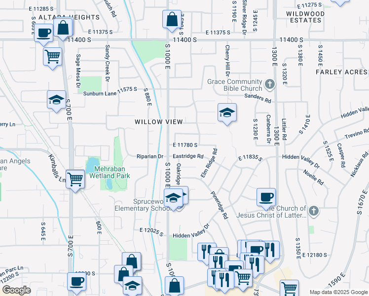 map of restaurants, bars, coffee shops, grocery stores, and more near 1052 East 11780 South in Sandy