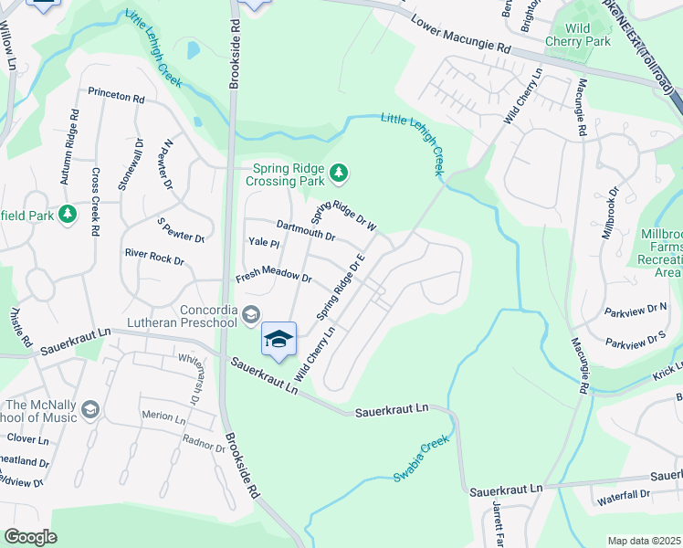map of restaurants, bars, coffee shops, grocery stores, and more near 5215 Spring Ridge Drive East in Macungie