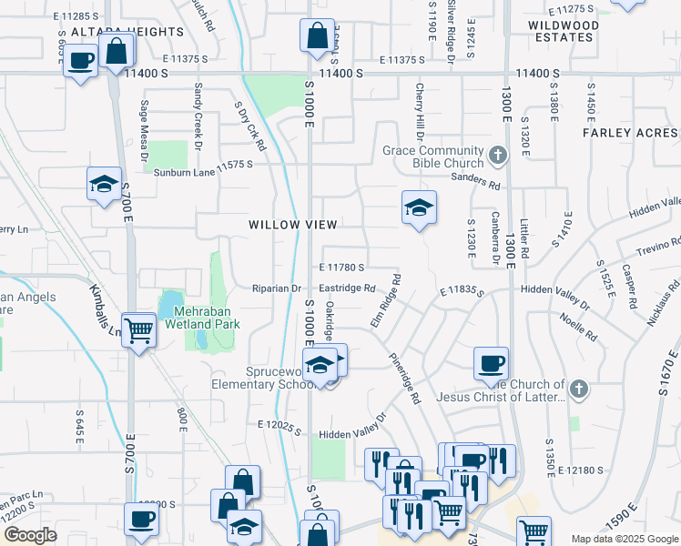 map of restaurants, bars, coffee shops, grocery stores, and more near 1052 East 11780 South in Sandy
