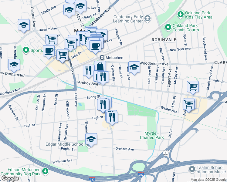 map of restaurants, bars, coffee shops, grocery stores, and more near 220 Amboy Avenue in Metuchen
