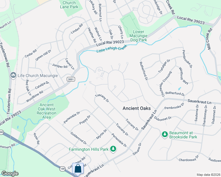 map of restaurants, bars, coffee shops, grocery stores, and more near 7022 Queenscourt Lane in Macungie