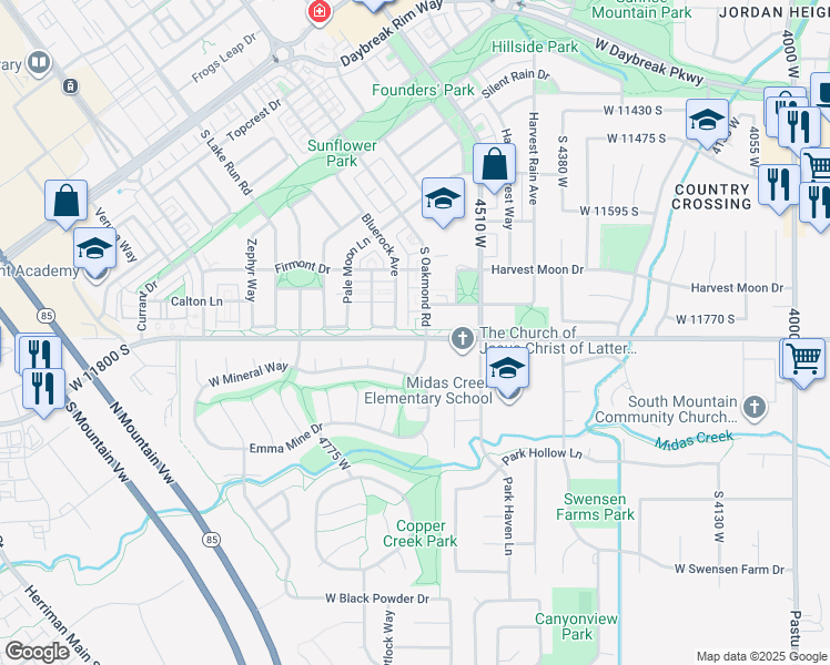 map of restaurants, bars, coffee shops, grocery stores, and more near 4454 West 11800 South in South Jordan