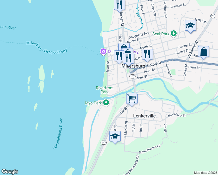 map of restaurants, bars, coffee shops, grocery stores, and more near 100 River Street in Millersburg