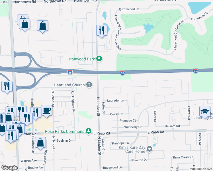 map of restaurants, bars, coffee shops, grocery stores, and more near Interstate 55 in Normal