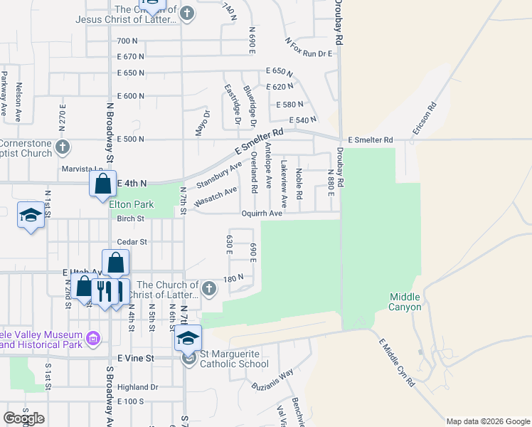 map of restaurants, bars, coffee shops, grocery stores, and more near 684 Oquirrh Avenue in Tooele
