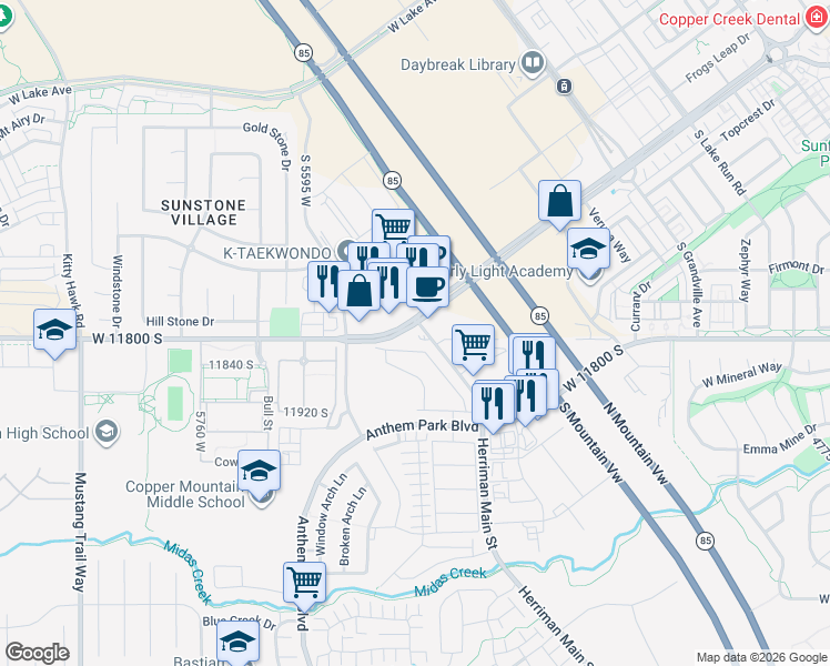 map of restaurants, bars, coffee shops, grocery stores, and more near 5419 West Daybreak Parkway in South Jordan
