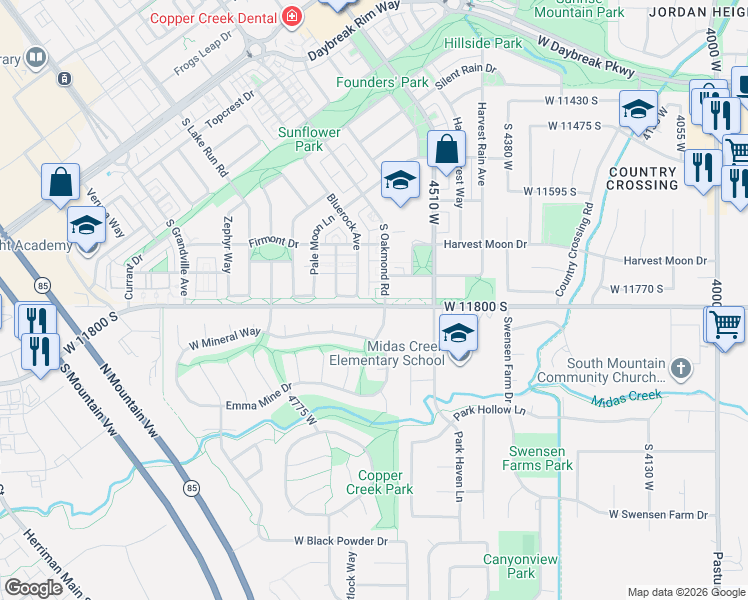 map of restaurants, bars, coffee shops, grocery stores, and more near 4496 West 11800 South in South Jordan