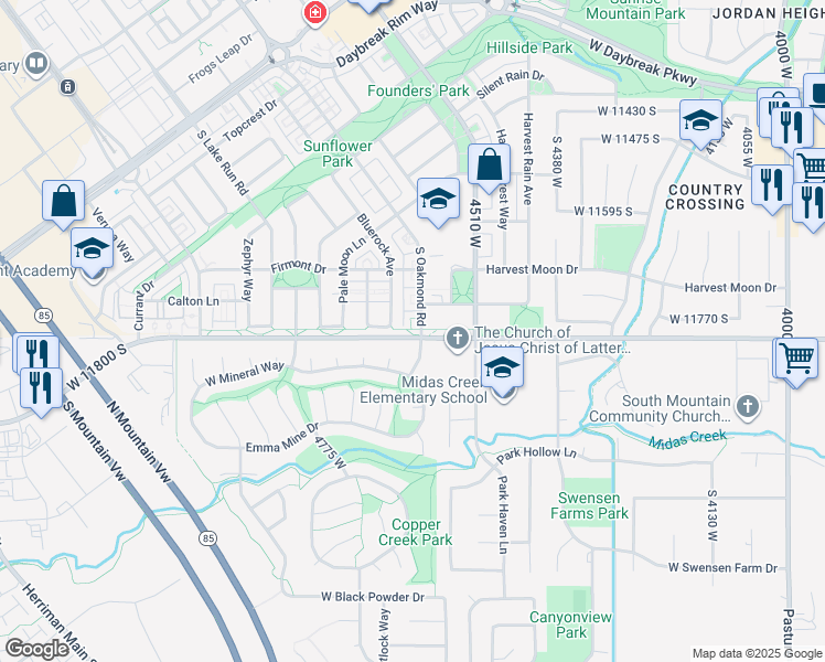 map of restaurants, bars, coffee shops, grocery stores, and more near 4454 West 11800 South in South Jordan