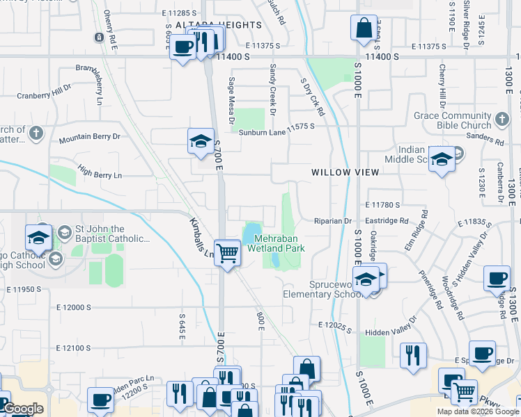 map of restaurants, bars, coffee shops, grocery stores, and more near 781 Sunset Ponds Drive in Draper