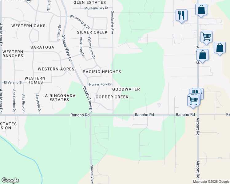 map of restaurants, bars, coffee shops, grocery stores, and more near 4805-4881 Goodwater Avenue in Redding