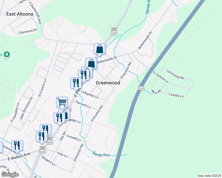 map of restaurants, bars, coffee shops, grocery stores, and more near 723-727 Temple Lane in Altoona