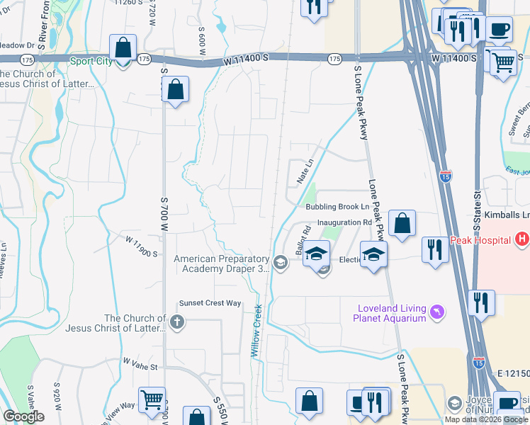 map of restaurants, bars, coffee shops, grocery stores, and more near 11781 South Halls Creek Road in Draper