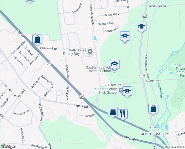 map of restaurants, bars, coffee shops, grocery stores, and more near 5420 Camp Meeting Road in Lehigh County