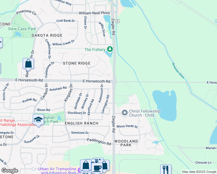map of restaurants, bars, coffee shops, grocery stores, and more near 3018 Antelope Road in Fort Collins