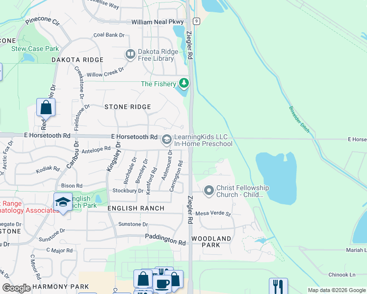 map of restaurants, bars, coffee shops, grocery stores, and more near 3018 Antelope Road in Fort Collins