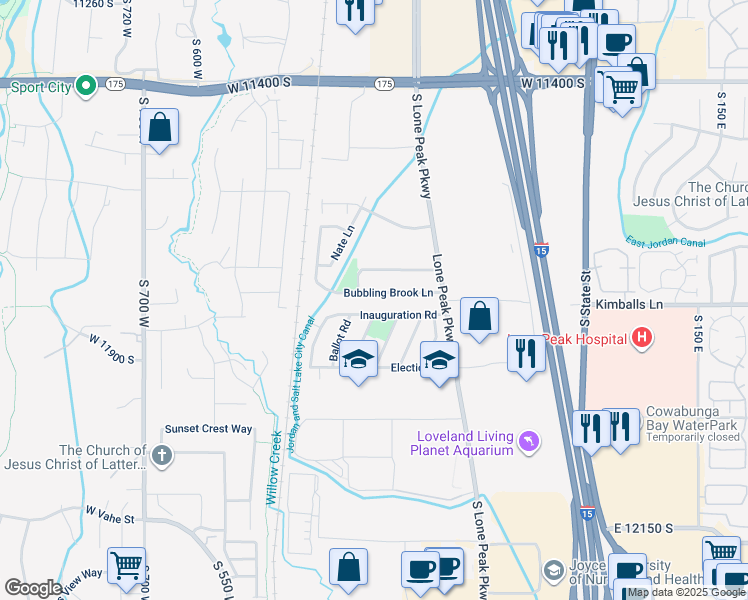 map of restaurants, bars, coffee shops, grocery stores, and more near 291 Bubbling Brook Lane in Draper
