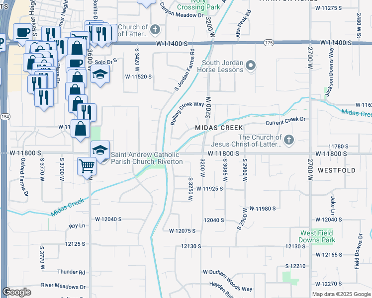 map of restaurants, bars, coffee shops, grocery stores, and more near 3281 Mossey Creek Lane in South Jordan