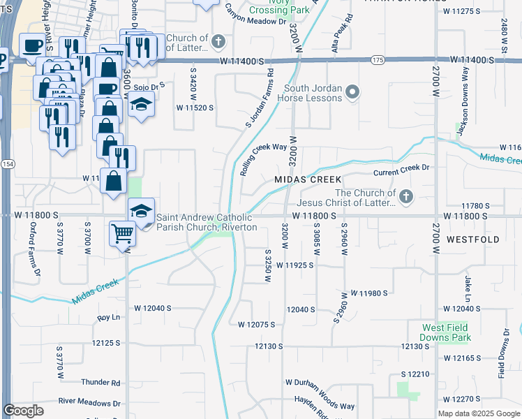 map of restaurants, bars, coffee shops, grocery stores, and more near 3281 Mossey Creek Lane in South Jordan