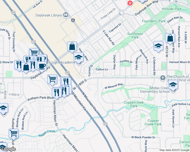 map of restaurants, bars, coffee shops, grocery stores, and more near 5011 Calton Lane in South Jordan