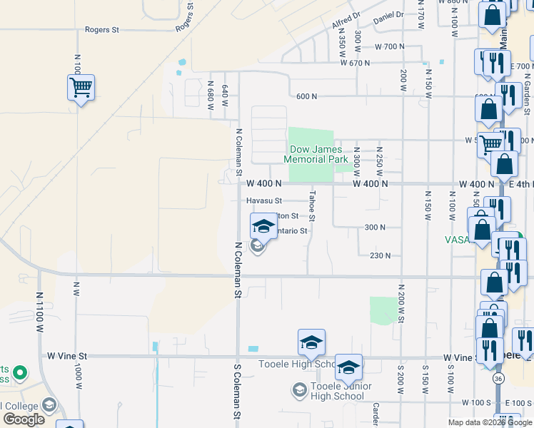 map of restaurants, bars, coffee shops, grocery stores, and more near 447 Salton Street in Tooele
